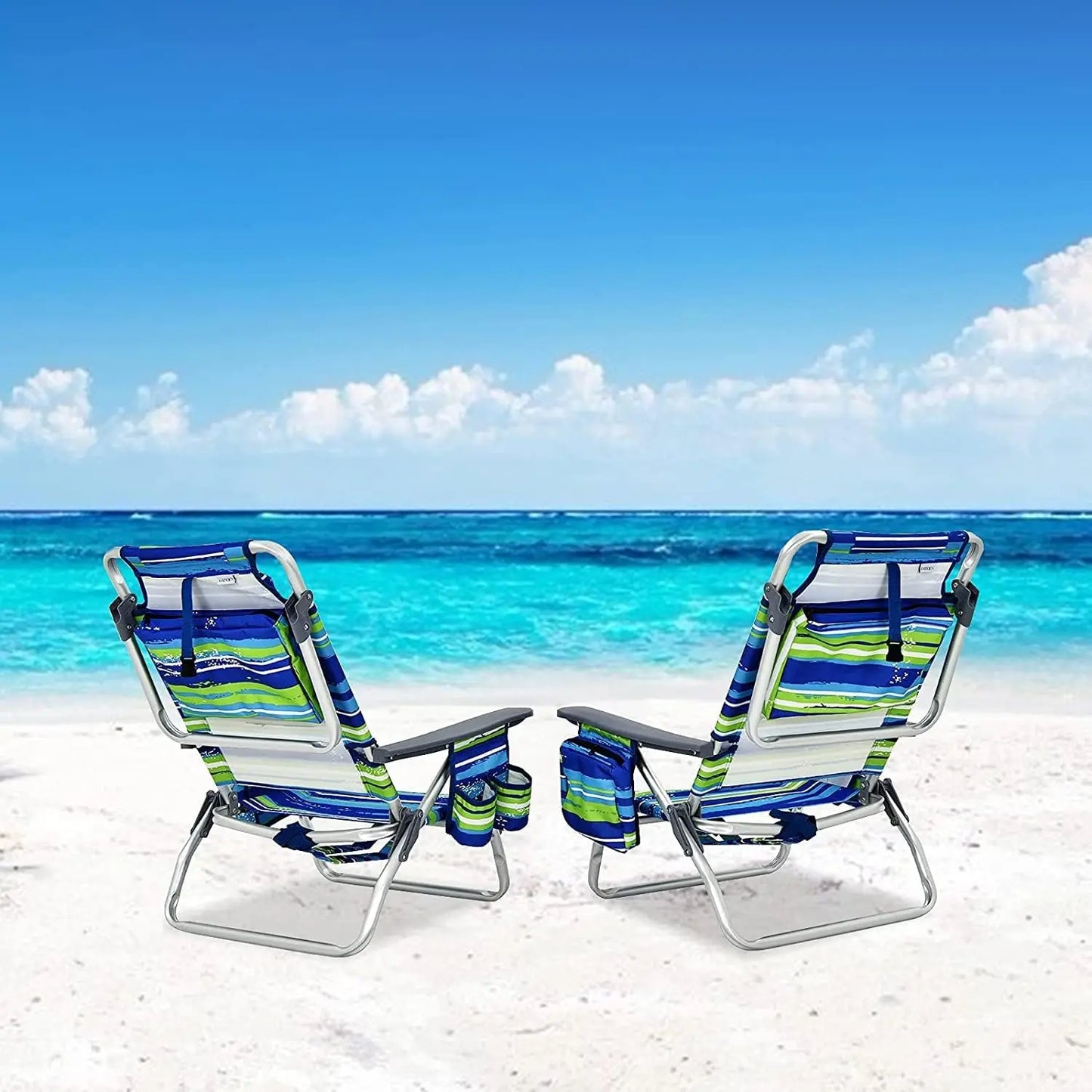 Backpack Beach Chair Set – 4 Portable Camping Chairs with Cooler Bag, Cup Holder & 5 Outdoor Recliners (Blue & Green, No Side Table)