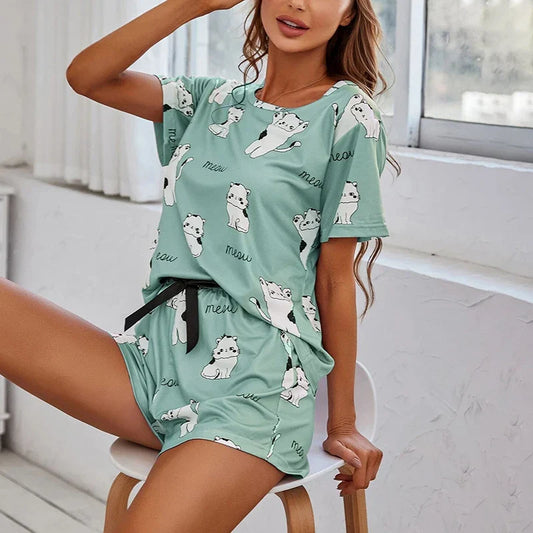 Women’s Pajama Set — 2-Piece Short Sleeve Cartoon Print Sleepwear Top & Pants Loungewear