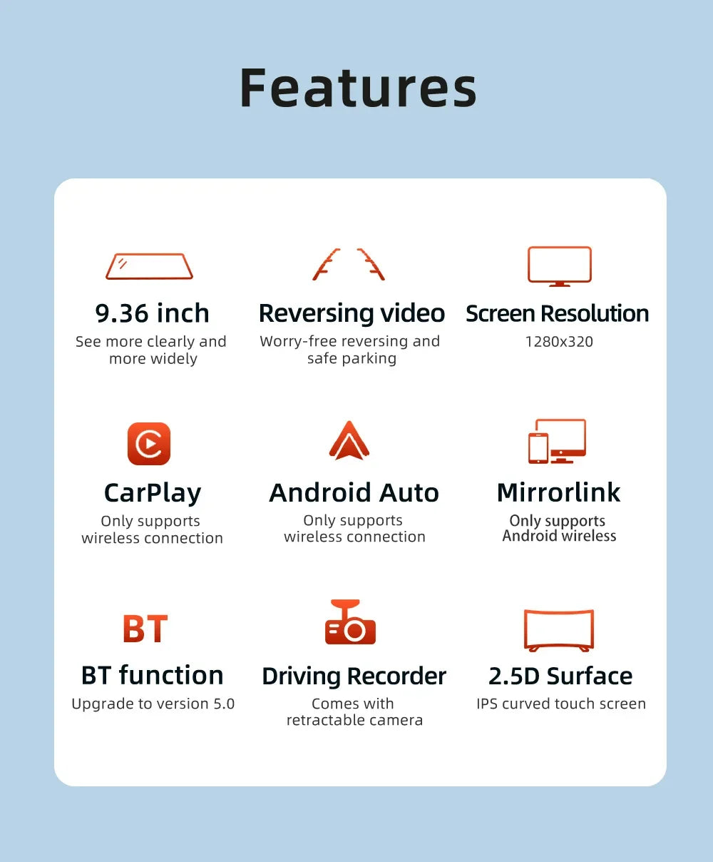 9.36" Car Stereo Touchscreen - MirrorLink, CarPlay & Android Auto Rearview Mirror Recorder with AUX, Bluetooth & FM Radio
