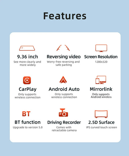 9.36" Car Stereo Touchscreen - MirrorLink, CarPlay & Android Auto Rearview Mirror Recorder with AUX, Bluetooth & FM Radio
