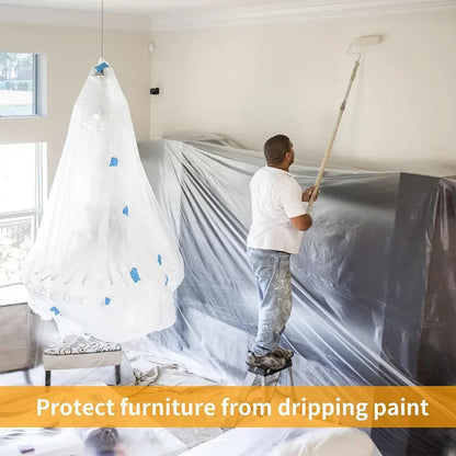 10M Pre-Taped Masking Film Disposable Dust-Proof Plastic Drop Cloth for Painting & Furniture Protection
