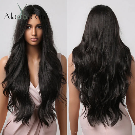 ALAN EATON Black Long Wavy Synthetic Wig – Natural Afro Hair, Middle Part, Heat-Resistant Fiber for Daily Use