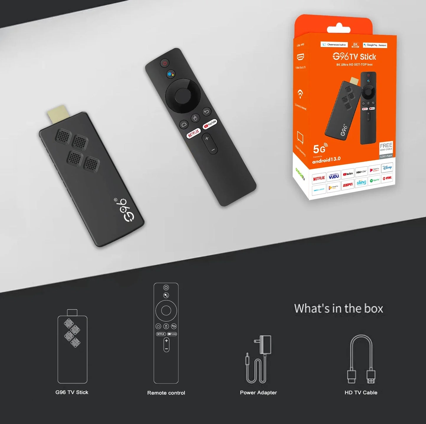 G96 Android 13.0 4K Smart TV Stick – H313, 2GB RAM 16GB ROM, Dual WiFi, Infrared Remote, High-Performance ATV Streaming Device