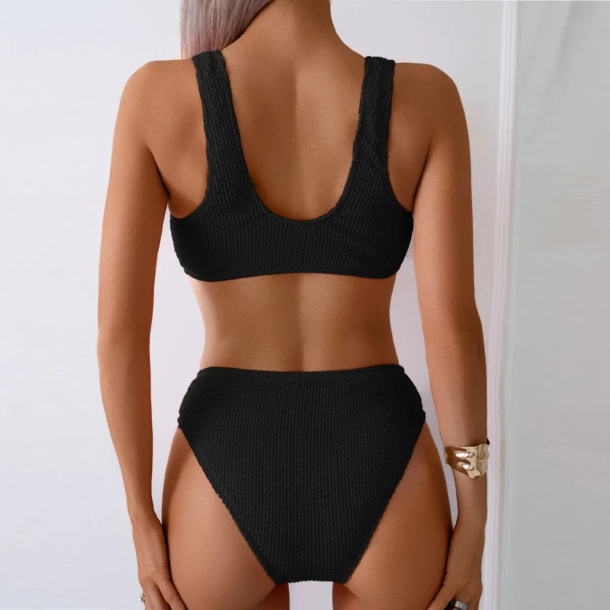 2025 Summer Women's Two-Piece Swimsuit – Solid High Waist V-Neck Backless Bikini Set Beachwear