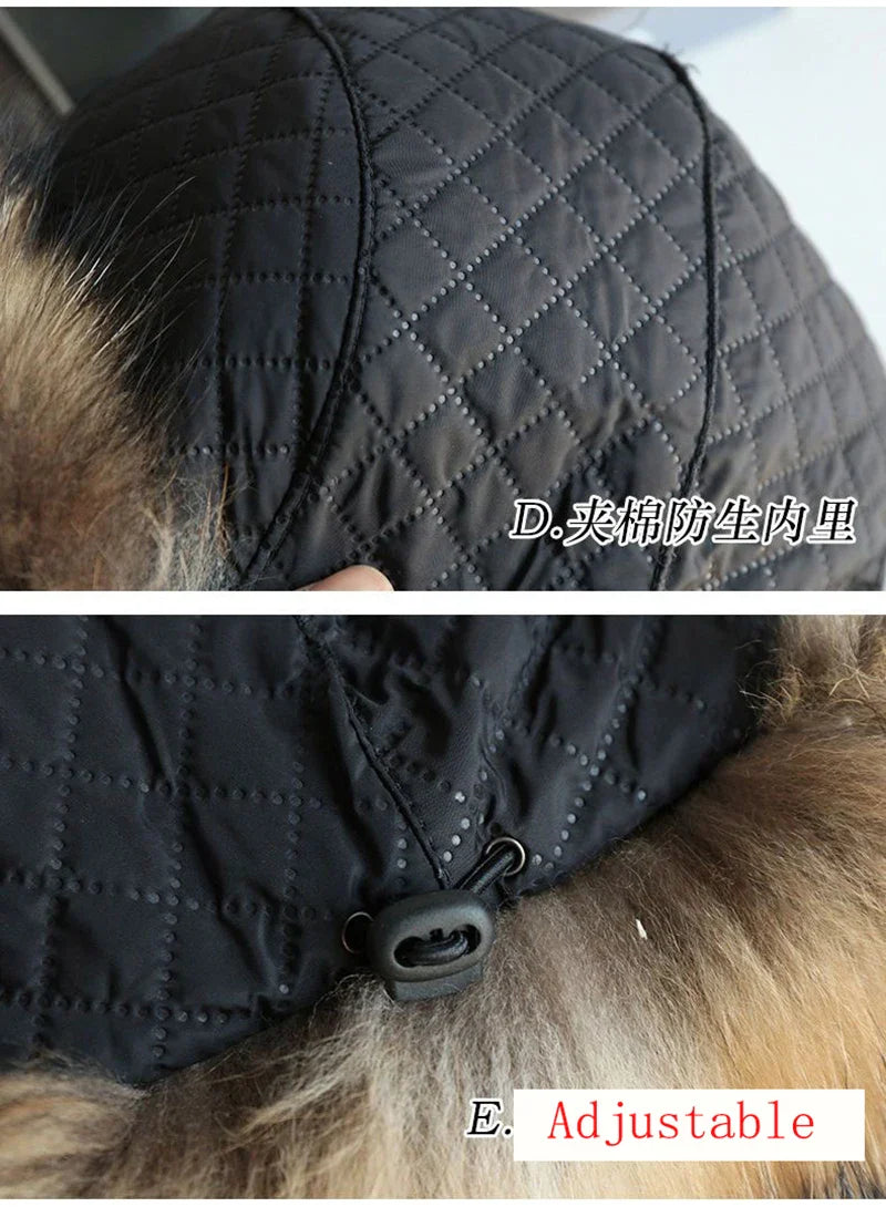Natural Raccoon & Fox Fur Russian Ushanka Hat – Women’s Black Winter Bomber Cap with Ear Flaps