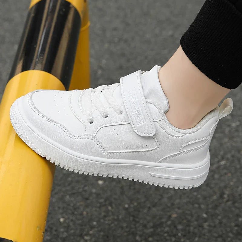 Kids' Black Leather Sneakers – Non-Slip Casual Walking & Tennis Shoes for Boys and Girls