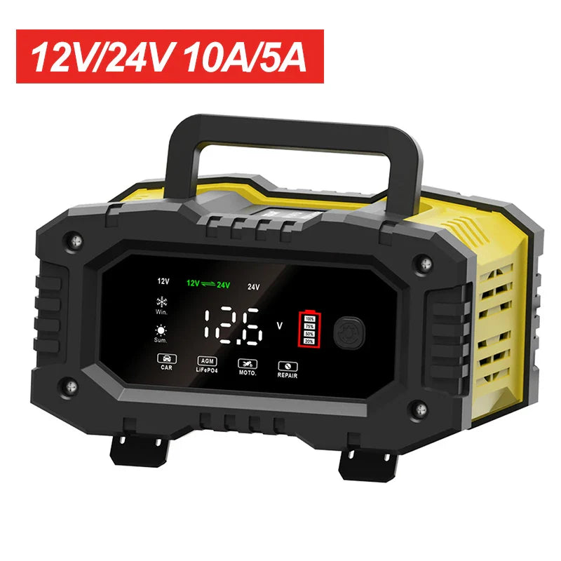 12V/24V Fully Automatic Smart Battery Charger — 7-Segment Pulse Repair for AGM, GEL, WET Lead-Acid Car Batteries