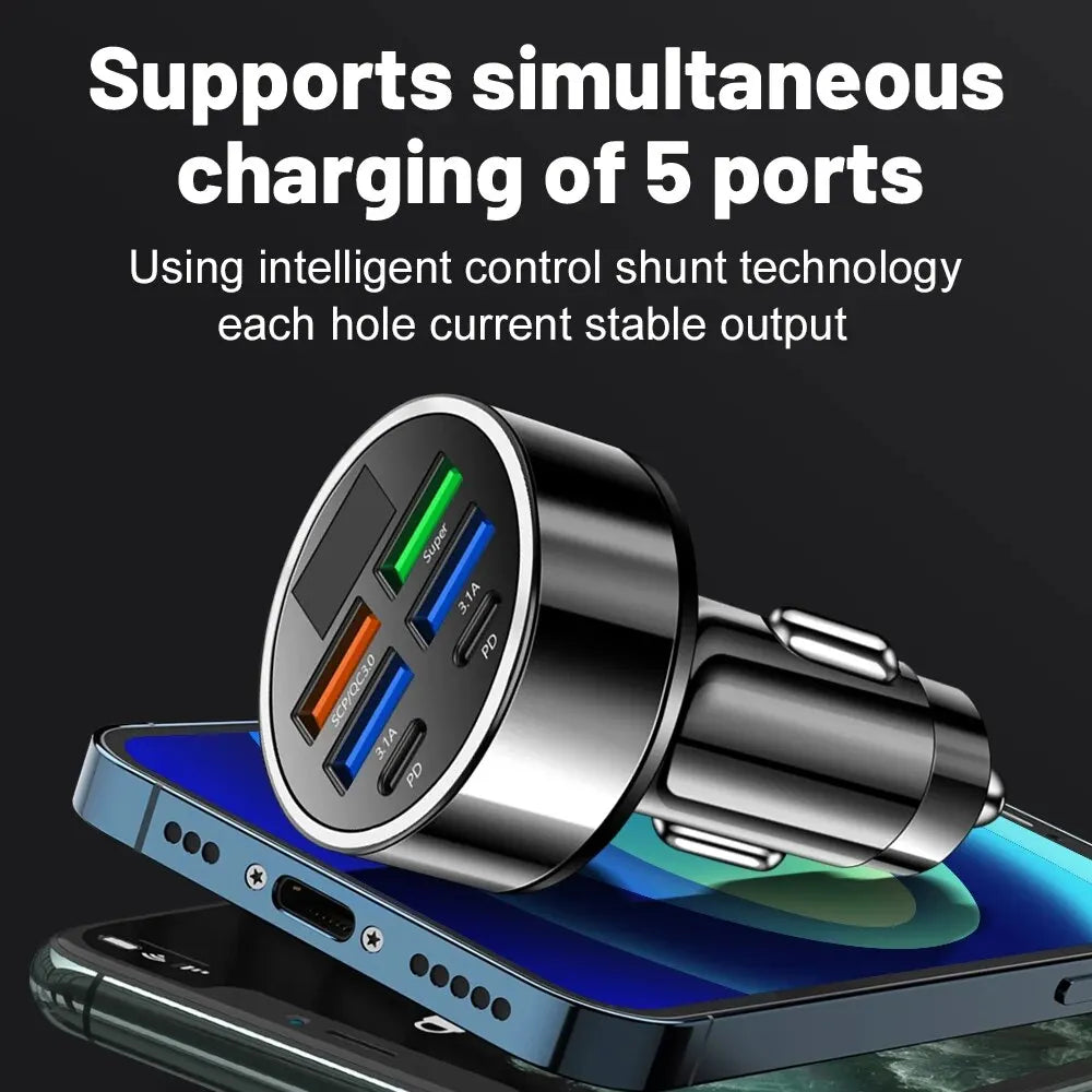 100W 6 Ports Car Charger: Fast Charging PD QC3.0 USB C Car Phone Adapter for iPhone Samsung Huawei Xiaomi - Type C Compatible