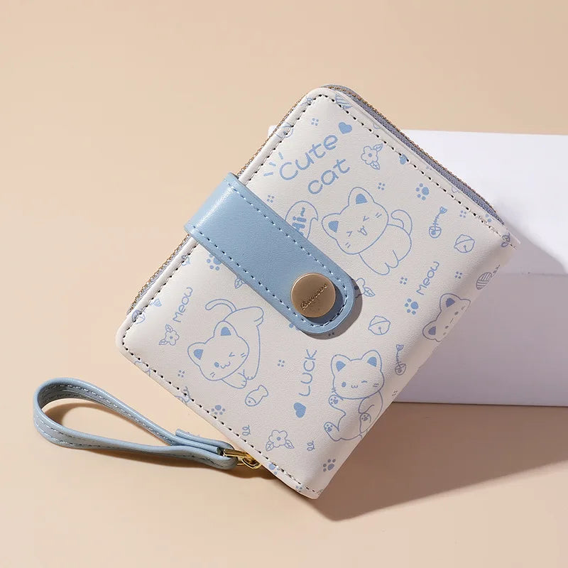 Japanese Cute Cat Wallet for Girls – Short Zipper Wallet, ID & Bank Card Holder, Coin Purse & Key Storage for Women