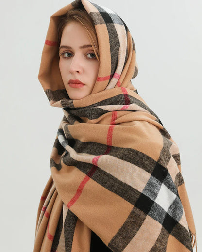 Luxury Brand Winter Plaid Cashmere-Like Blanket Scarf - Thick Warm Pashmina Shawl Wrap with Tassels, Poncho Stoles Echarpe