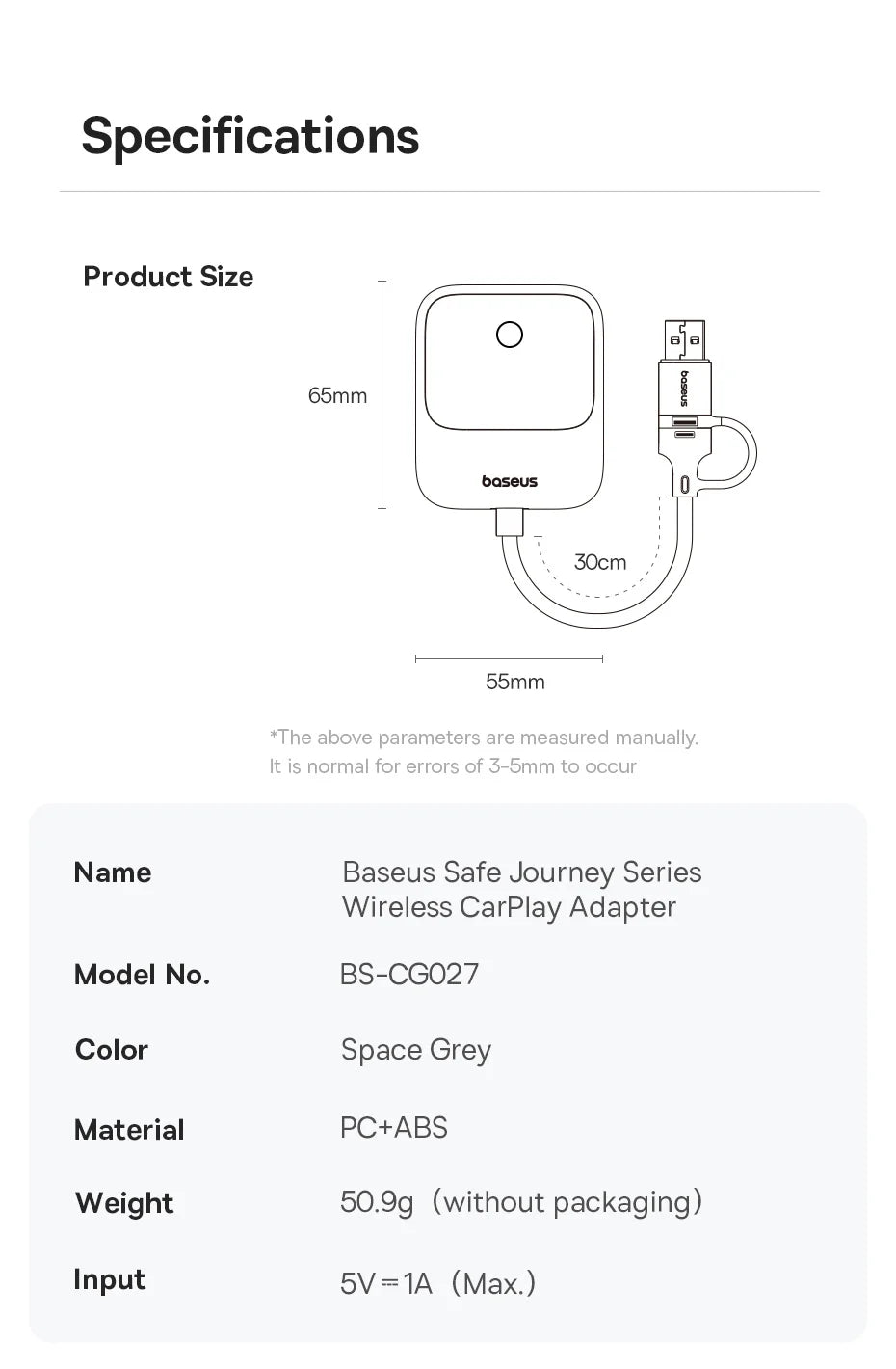 Baseus Wireless CarPlay Adapter - Wired to Wireless Auto Connect, Plug & Play Bluetooth Smart Car System