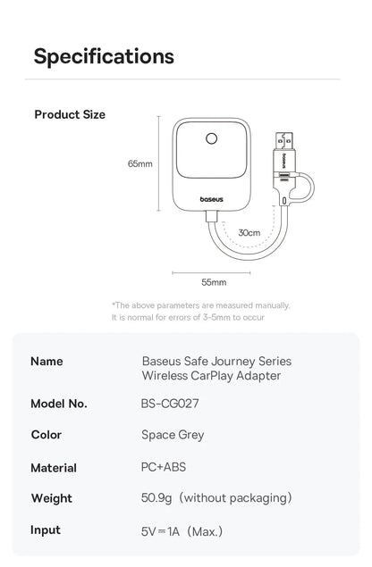 Baseus Wireless CarPlay Adapter - Wired to Wireless Auto Connect, Plug & Play Bluetooth Smart Car System