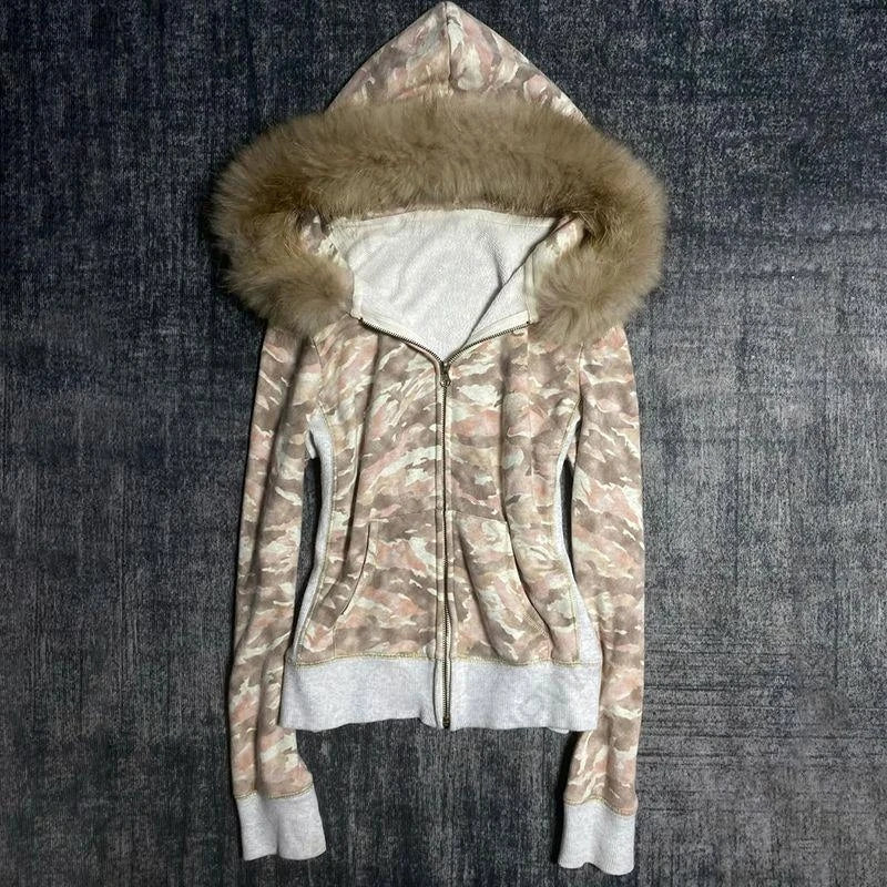 Y2K Harajuku Women's Fur Collar Hoodie – Slim Chic Solid Color Cardigan Sweatshirt, Goth Punk Streetwear
