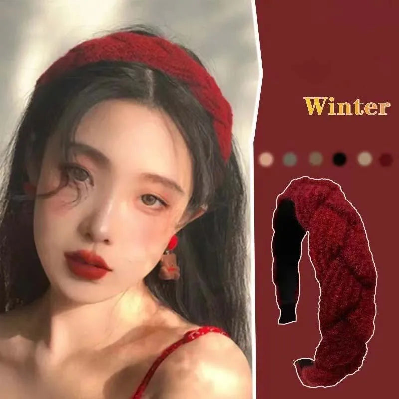 Vintage Red Woolen Velvet Headband – Women's Side Sponge Hair Hoop for Christmas & Fashion Accessories