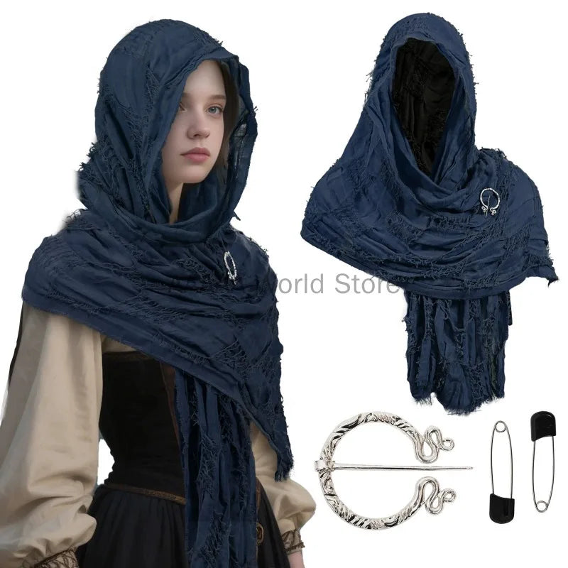 Medieval Renaissance Hooded Cloak – Halloween Costume Cape Wrap with Brooch, Cowl Scarf for Rogue Cosplay