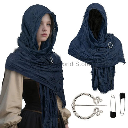 Medieval Renaissance Hooded Cloak – Halloween Costume Cape Wrap with Brooch, Cowl Scarf for Rogue Cosplay
