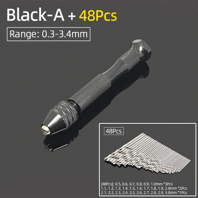 Mini Aluminum Hand Drill 0.3–3.4mm – Keyless Chuck Micro Rotary Tool with HSS Twist Drill Bit Set for Wood & DIY Crafts
