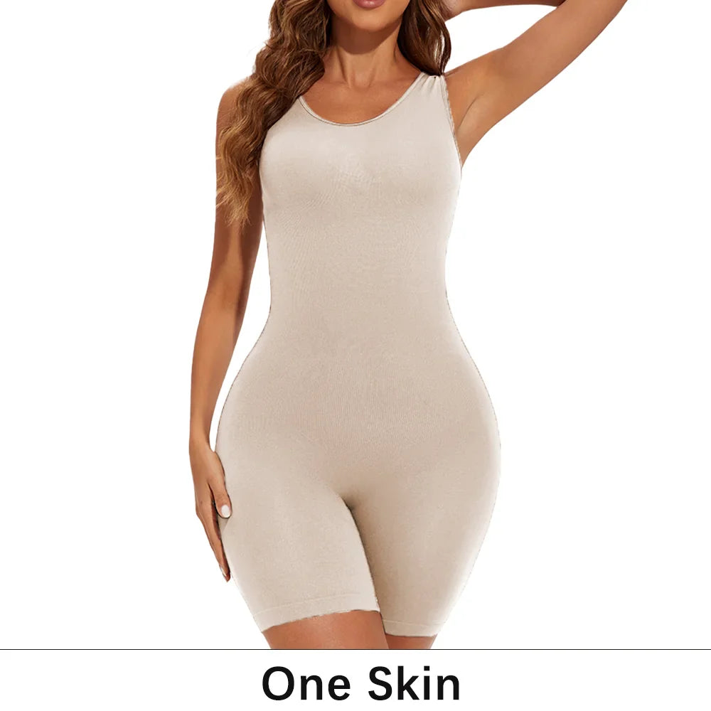POKARLA Sexy Full Coverage Bodysuit – Seamless Thigh Slimming Wide Shoulder Shapewear Jumpsuit