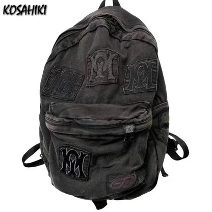 Y2K Aesthetic Embroidered Letter Backpack – Vintage Gothic Patchwork Schoolbag for Students, Casual Luxury Design