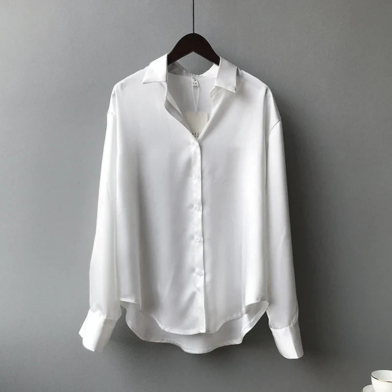 Elegant Satin Women’s Shirt — Loose Vintage Blouse with Turn-Down Collar for Spring & Autumn