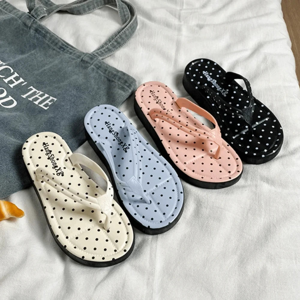 Polka Dot Platform Flip Flops - Thick Sole Breathable Non-Slip Summer Beach Sandals