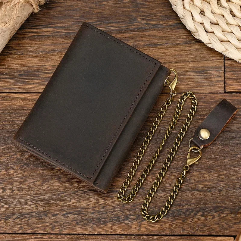 Men's Genuine Leather Short Wallet with Chain – Zipper Clutch, Trifold Purse, Card Holder & Coin Purse for Men