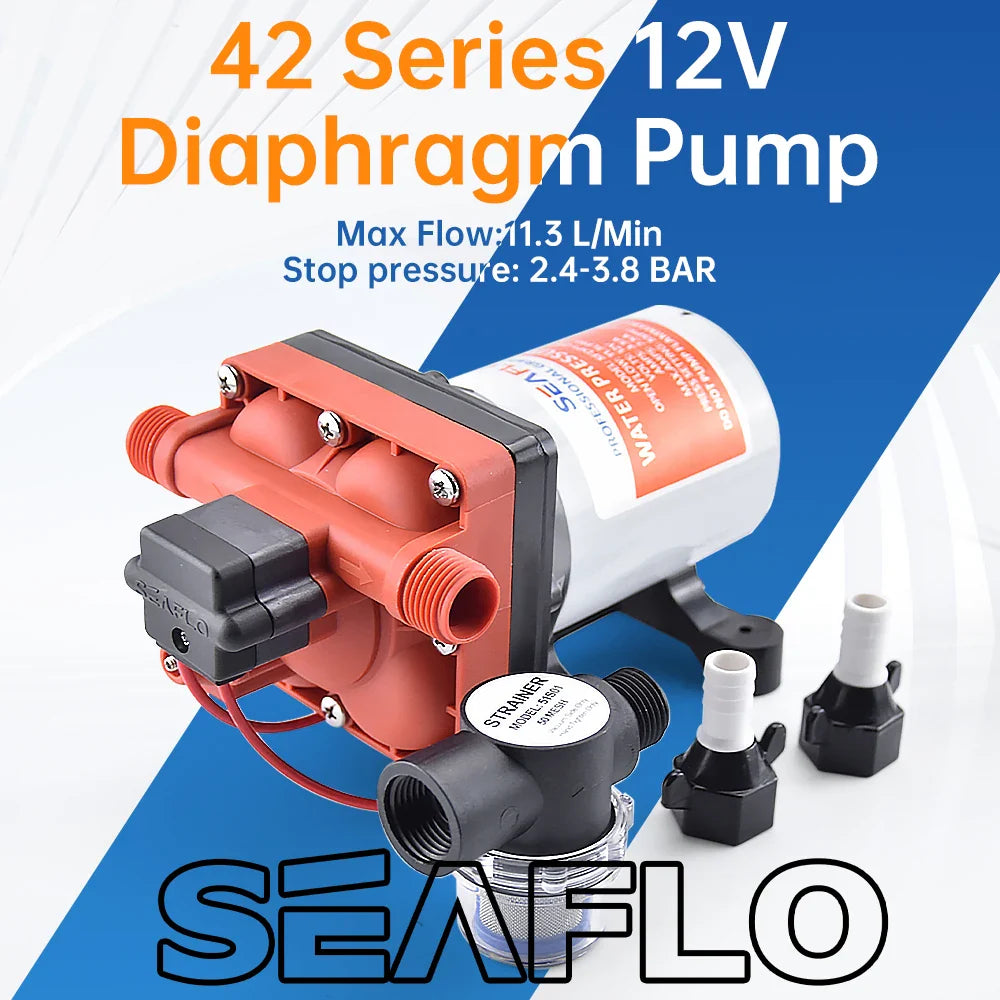 SEAFLO 42 Series Diaphragm Water Pump – 3.0GPM, 55PSI, 12V Electric Pump for Yacht, Boat, Marine, RV, Caravan, High Pressure, 4 Chamber