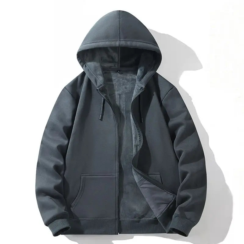 Zipper Hooded Sweatshirt – Autumn Winter Fleece-Lined Cotton Cardigan for Men & Women, Solid Color Y2K Style