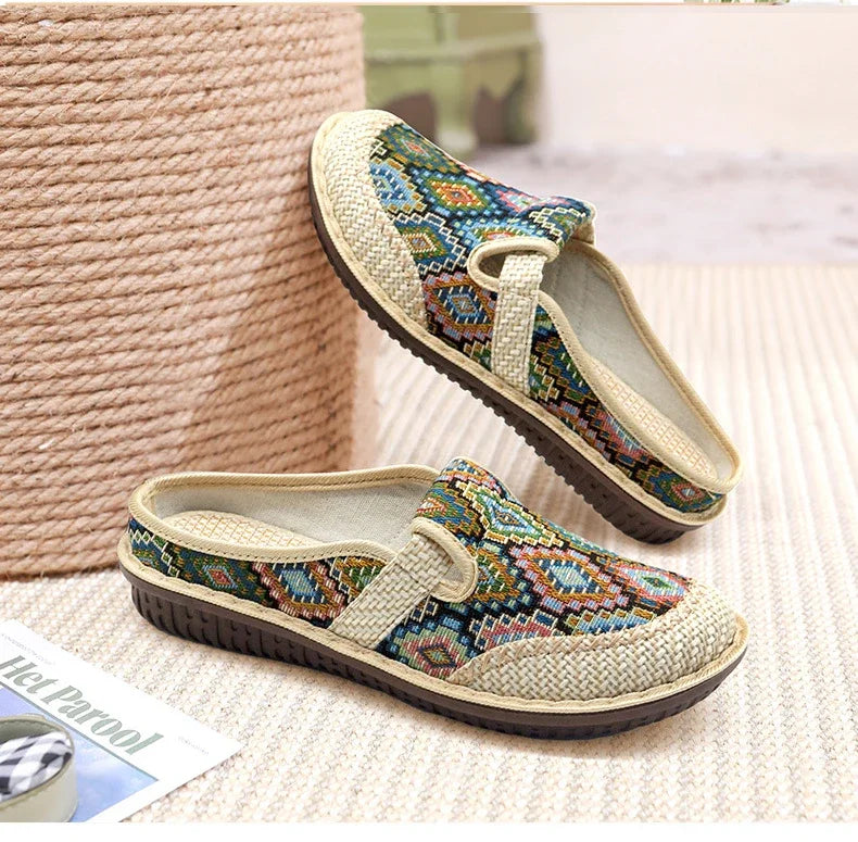 2024 Fashion Women’s Ethnic Embroidered Linen Shoes – Breathable Casual Outdoor Slippers