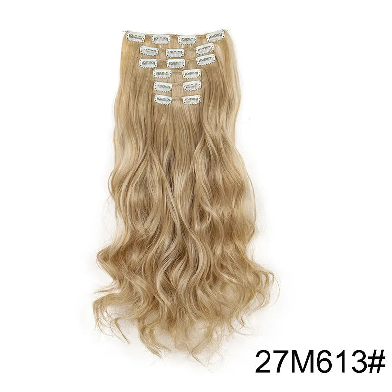 24-Inch 16 Clips-in Hair Extensions – Long Straight Synthetic Blonde & Black Hairpieces, Heat Resistant for Daily Use