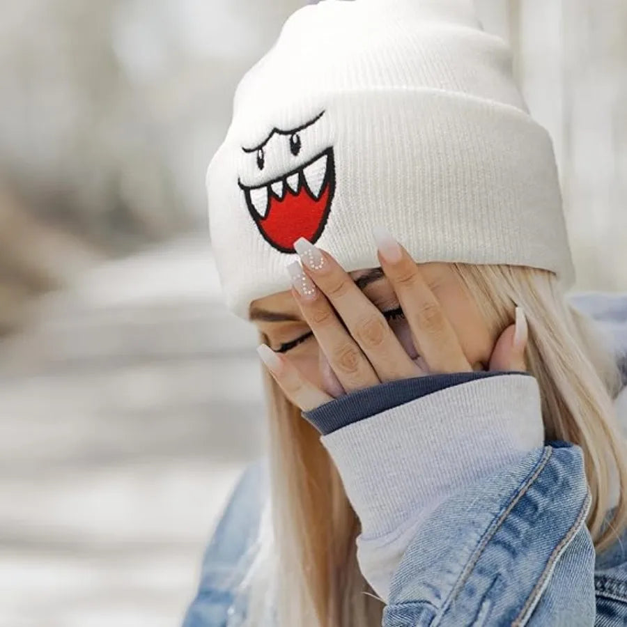 Cozy Happy Face Embroidered Knit Hat – Cute Warm Winter Beanie for Men, Perfect Christmas Gift
