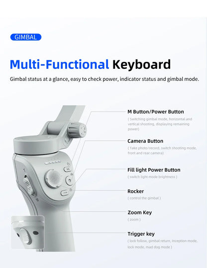 TOKQI M01 3-Axis Handheld Gimbal Stabilizer – Anti-Shake Foldable Holder, Selfie Tripod with Fill Light for iPhone & Smartphones