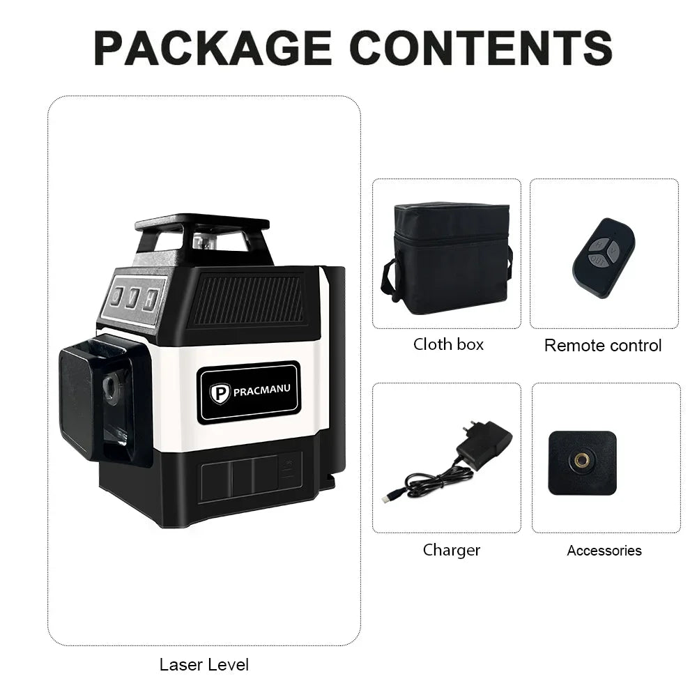Pracmanu Mini 12-Line 3D Laser Level — Self-Leveling 360° Horizontal & Vertical Green Laser Beam