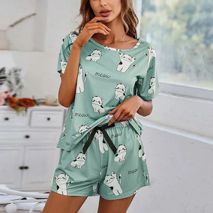 Women’s Pajama Set — 2-Piece Short Sleeve Cartoon Print Sleepwear Top & Pants Loungewear