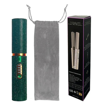 2-in-1 Wireless Hair Straightener & Curler – USB Rechargeable Diamond Design Styling Brush for Travel & Home