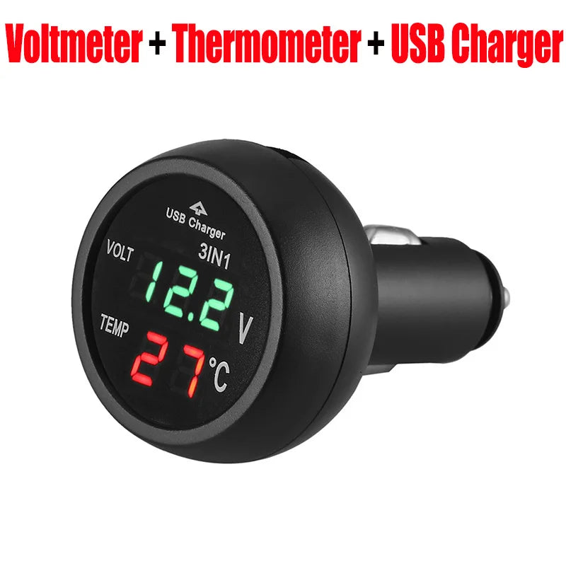 3-in-1 Car Charger & Voltmeter – 12/24V USB Charger with Thermometer, LED Digital Display & Current/Volt Detector