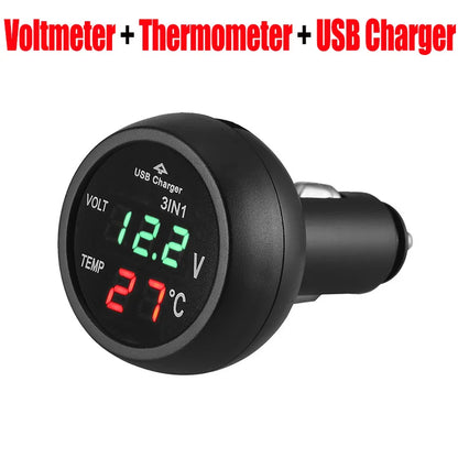 3-in-1 Car Charger & Voltmeter – 12/24V USB Charger with Thermometer, LED Digital Display & Current/Volt Detector