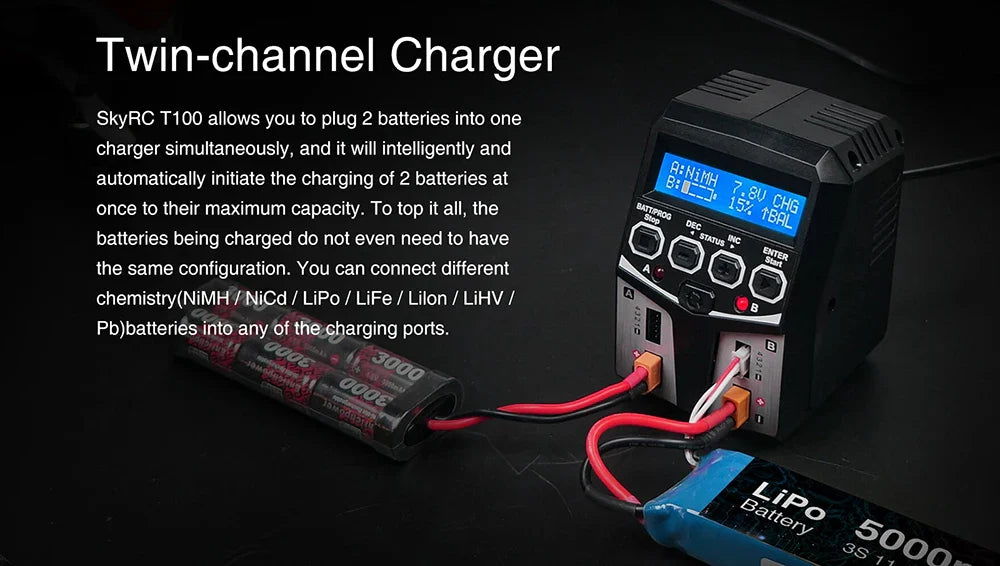 SKYRC T100 AC Dual 5A Lipo Battery Charger — 2x50W Balance Charger for 2-4S NiMH, NiCd, LiPo, LiFe, LiIon, LiHV RC Cars