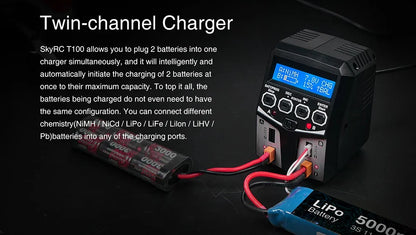 SKYRC T100 AC Dual 5A Lipo Battery Charger — 2x50W Balance Charger for 2-4S NiMH, NiCd, LiPo, LiFe, LiIon, LiHV RC Cars