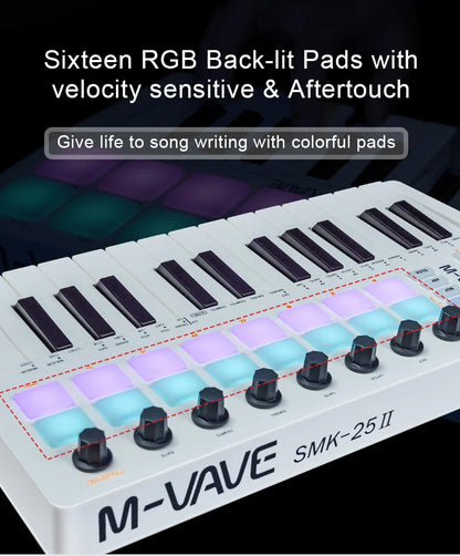 M-VAVE SMK-25 II MIDI Controller Keyboard – 25-Key USB Mini, 16 RGB Drum Pads, 8 Knobs, Music Production Software Included