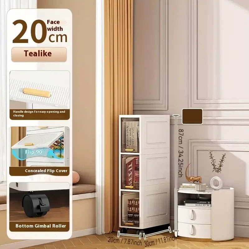 20cm Slim Storage Cabinet - 3/4/5 Tier Narrow Rolling Organizer Shelf with Wheels, Space Saving Multi-Purpose Storage Rack