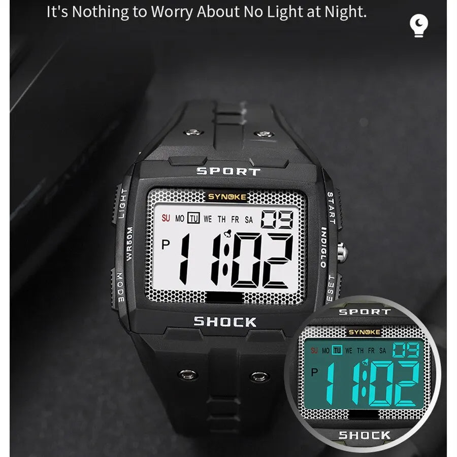 SYNOKE Men’s Sports Electronic Watch – Waterproof Night Glow Large Screen Square Outdoor Running & Camping Watch