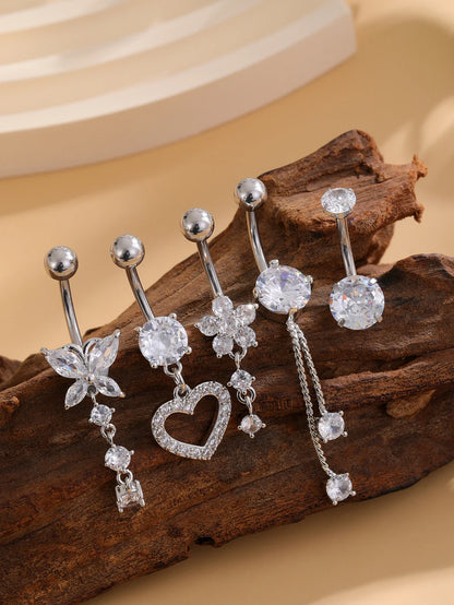 5PCS Belly Button Ring Set – 14G Curved Navel Piercing with Butterfly & Heart Charms, Body Jewelry for Women & Girls