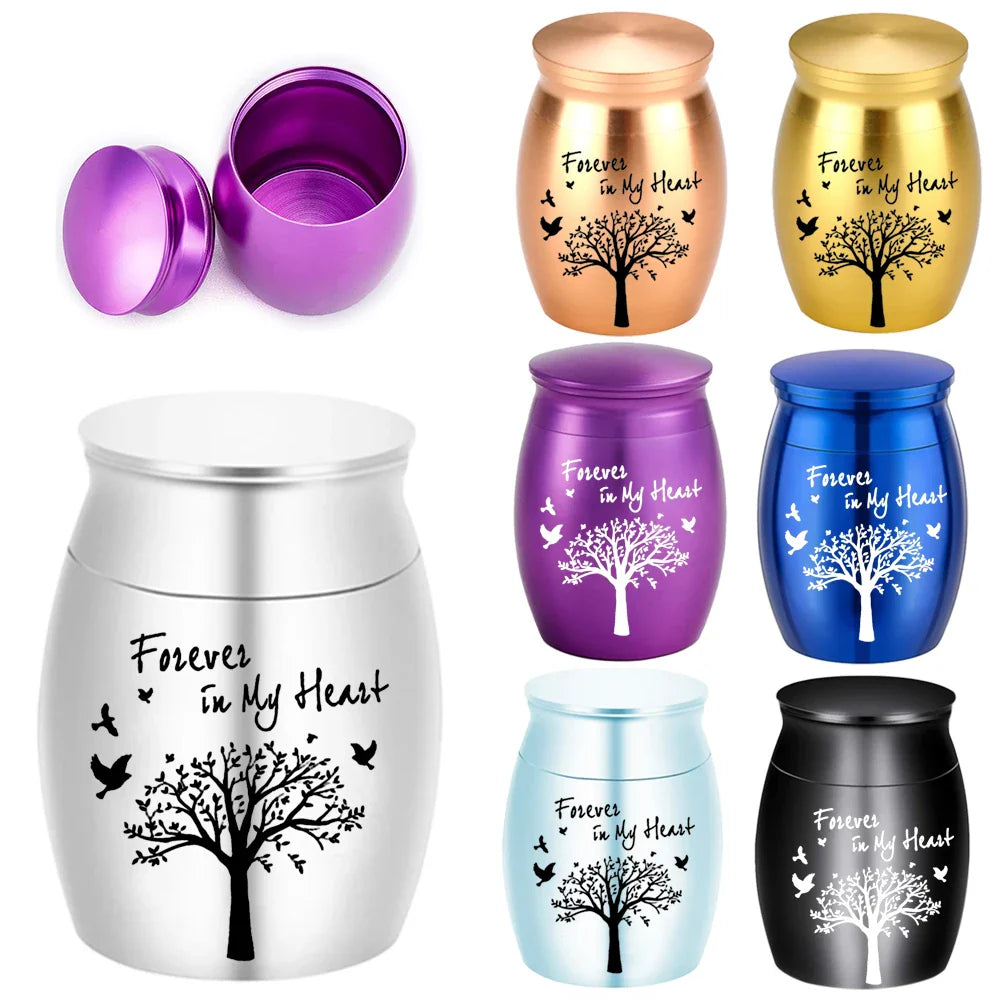 7-Color Small Keepsake Urn – Tree of Life Mini Cremation Urn for Human Ashes, Aluminum Memorial Holder