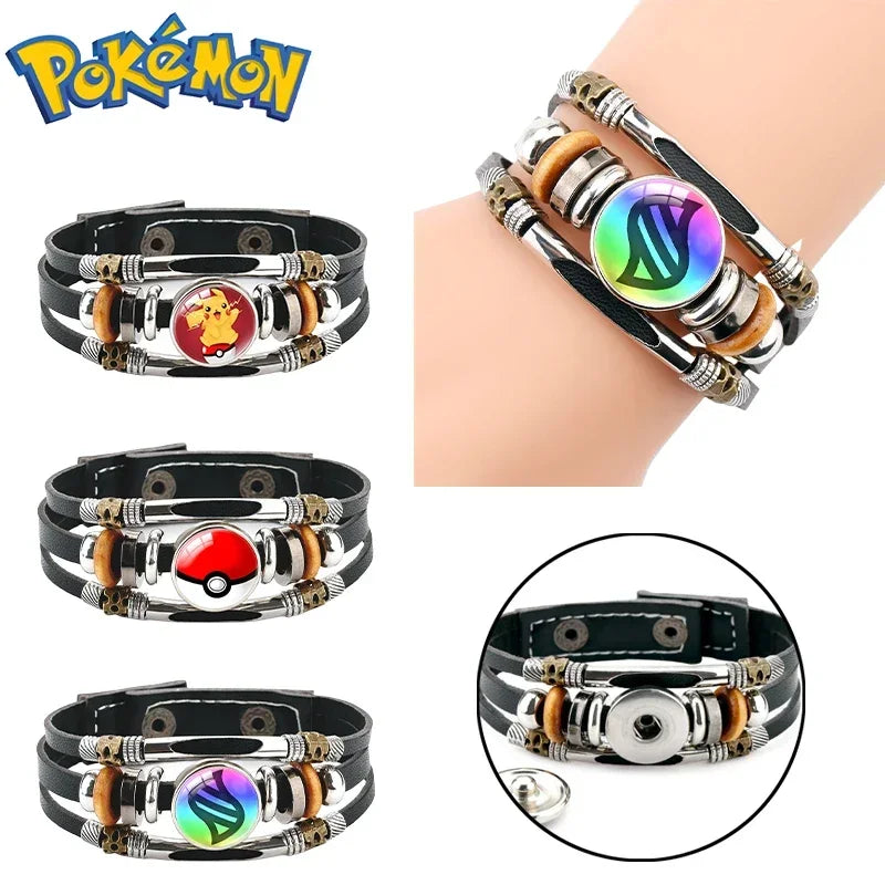 20cm Pikachu Mega Stone Cowhide Bracelet – Anime Cosplay Adjustable Wristband with Glass Cabochon