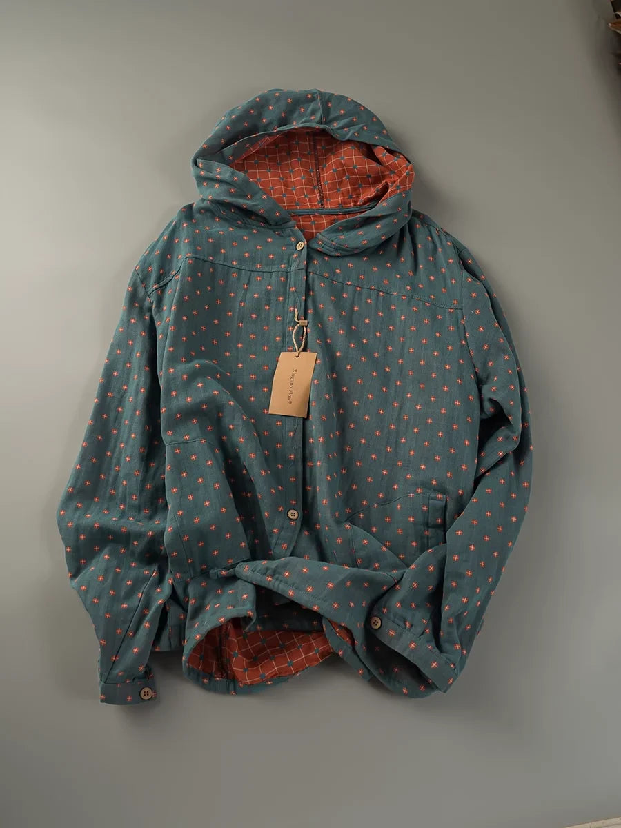 100% Cotton Plaid Hooded Shirt - Women's Casual Oversized Long Sleeve Top for Spring & Autumn