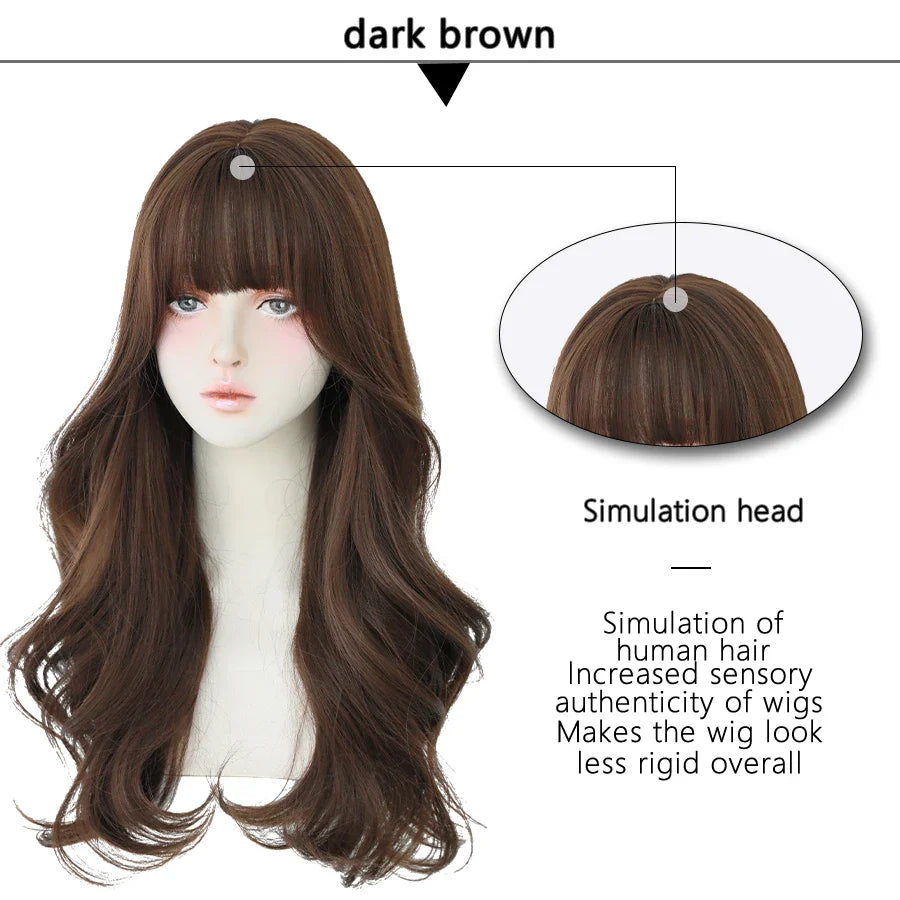 7JHH Brown Ash Long Deep Wave Lolita Wig for Women — Synthetic Hair with Bangs, Thick Curly Fashion Wig