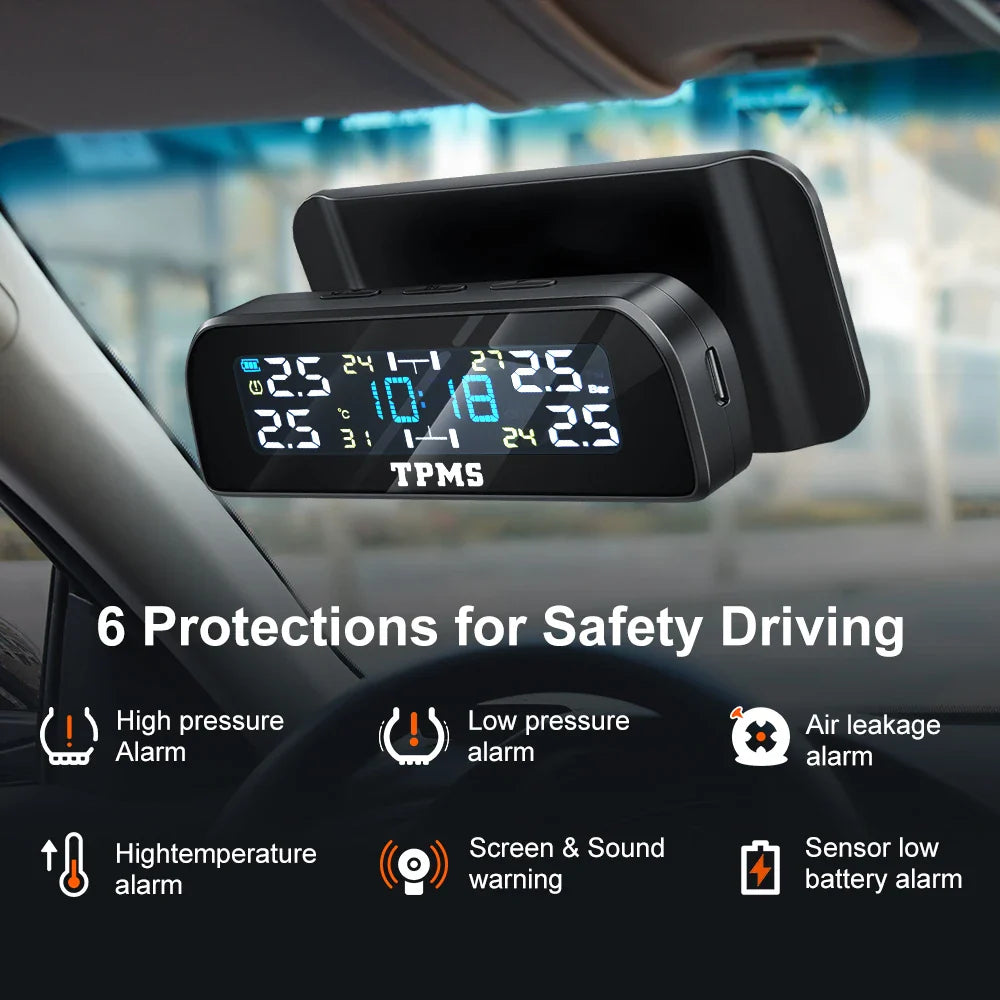 Solar Car TPMS Tire Pressure Monitoring System – 4 External Sensors with Temperature Alarm for Tyre Safety