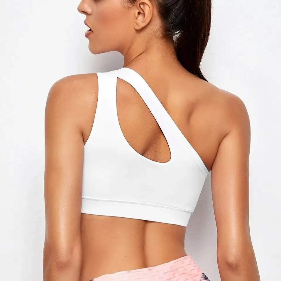 Women's One Shoulder Push-Up Sports Bra - Shockproof Fitness Bra for Yoga, Running, and Gym Workouts ( Black / White )