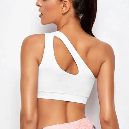 Women's One Shoulder Push-Up Sports Bra - Shockproof Fitness Bra for Yoga, Running, and Gym Workouts ( Black / White )